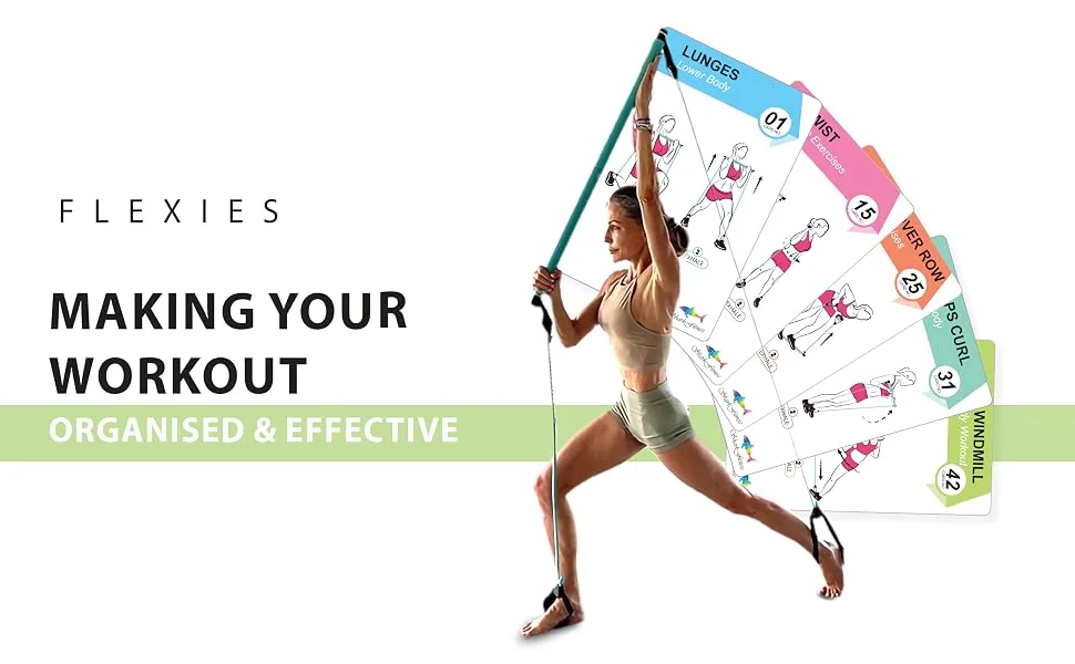 Flexies Pilates Bar Workout Cards - 58 Exercise Cards with Pilates Stick Work Out Postures, Instructions & Breathing Tips | Free Ring & Dry-Erase Marker to Create Your Customize Workout Planner chart - plates bar multi functional plates bar exercise cd for pilates bar hipsline pilates bar