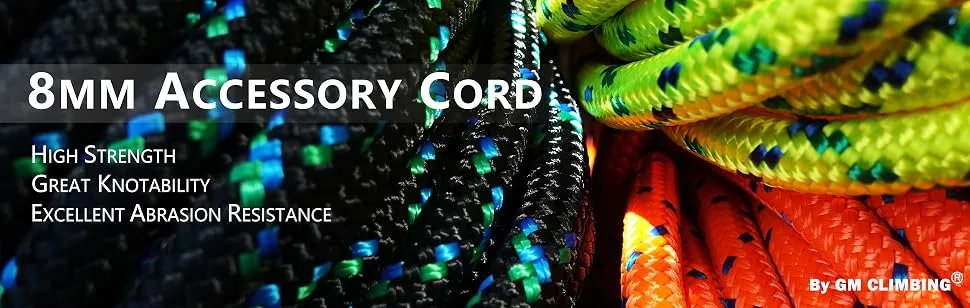GM CLIMBING 8mm (5/16in) Accessory Cord Rope Double Braid Pre Cut CE/UIAA Black 5/16in(dia.) x 20feet - GM CLIMBING 8mm accessory cord