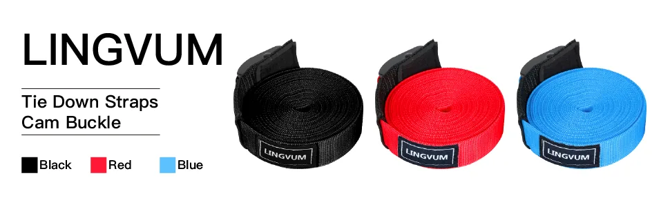 LINGVUM Tie Down Cam Straps for Kayak, Surfboard, SUP Board, Canoe, Cargo Roof Rack Straps 15 Feet (Pair), Black/Blue/Red - product information 2