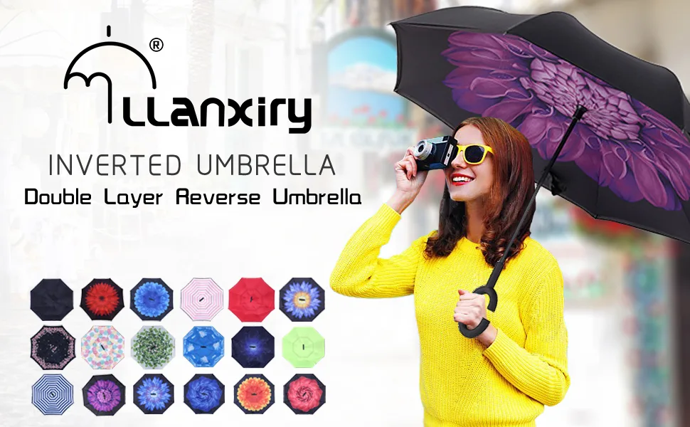 LLanxiry Umbrella,Inverted Reverse Upside Down Umbrellas with C-Shaped Handle, Anti-UV Waterproof Rain Umbrella for Women and Men green leaf - LLanxiry Inverted Umbrella