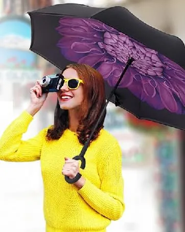 LLanxiry Umbrella,Inverted Reverse Upside Down Umbrellas with C-Shaped Handle, Anti-UV Waterproof Rain Umbrella for Women and Men green leaf - reverse umbrella