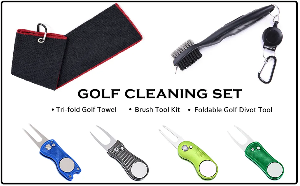 Mile High Life Microfiber Waffle Pattern Golf Towel | Club Groove Cleaner Brush | Foldable Divot Tool with Magnetic Ball Marker (Pink Towel/Brush/Fish Divot) - golf set 1