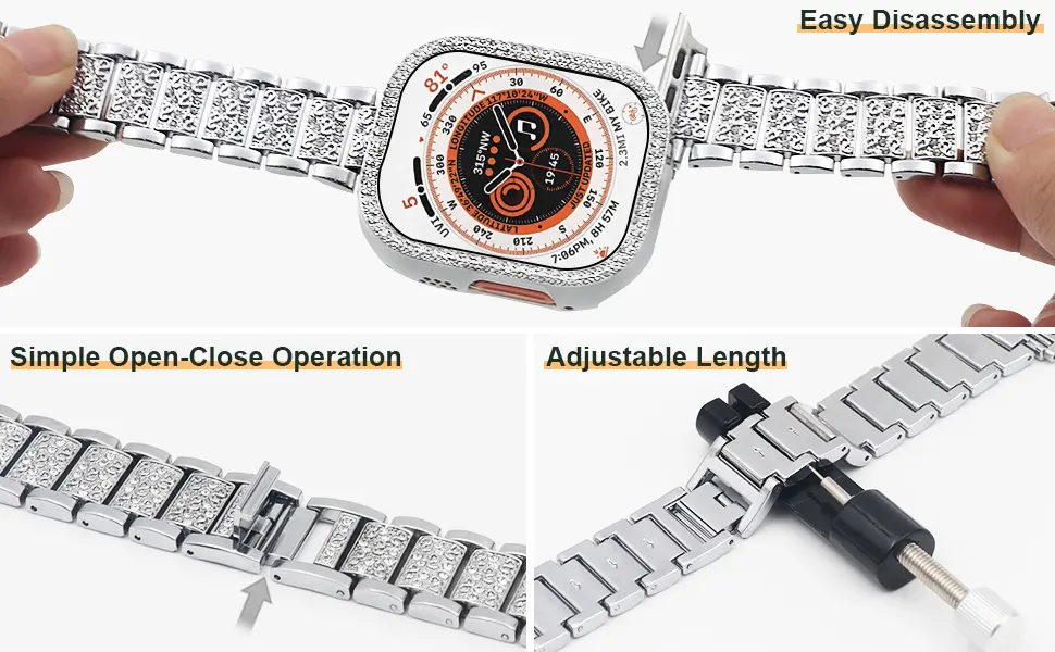 Mosonio Compatible with Apple Watch Band 44mm with Case Women, Jewelry Replacement Metal Wristband Strap with 2 Pack Bling PC Protective Cover for iWatch Series 6/5/4(Silver) Silver 44 mm - Easy to adjust