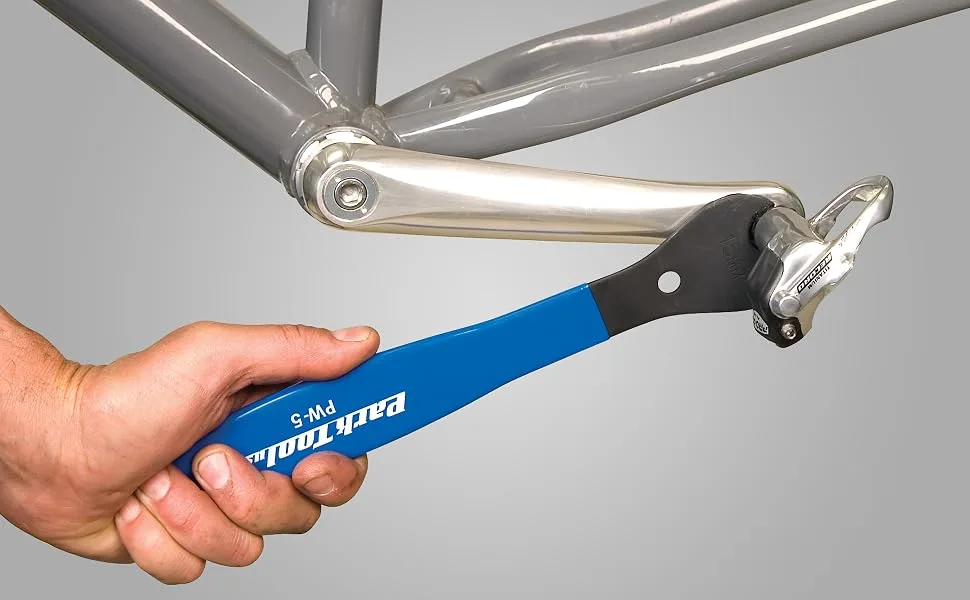Park Tool PW-5 Home Mechanic Pedal Wrench Blue - Park Tool PW-5 in-use installing a bicycle pedal onto a crank