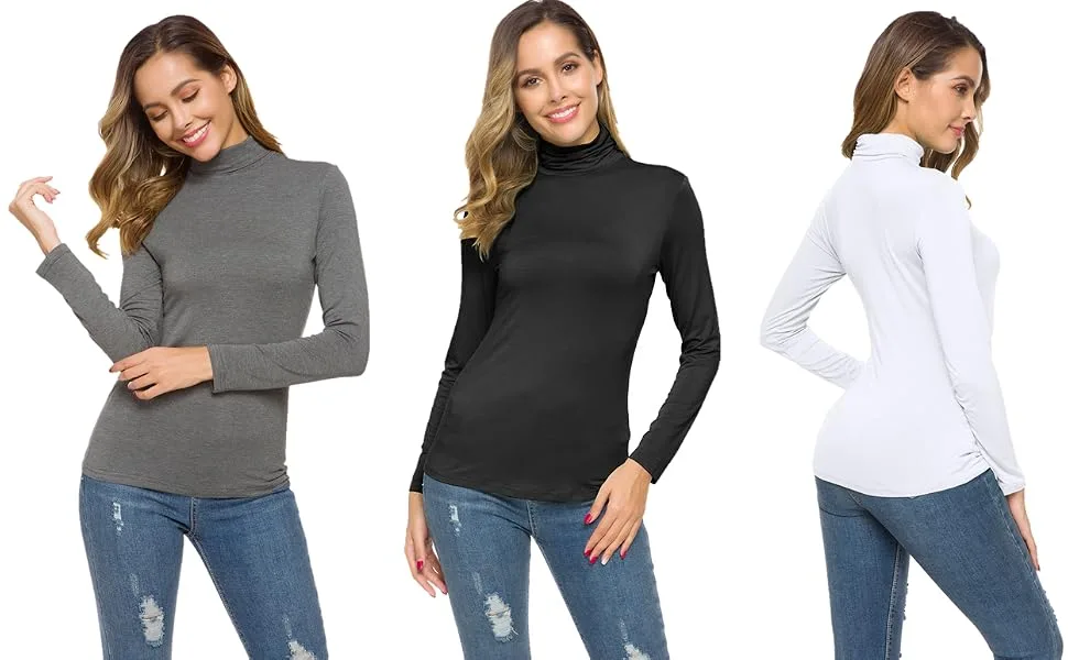 POPZONE Womens Soft Long Sleeve Slim Basic Turtleneck Lightweight Pullover Tops 0-white Large - long sleeve Women Turtleneck Soft, Comfy, Solid