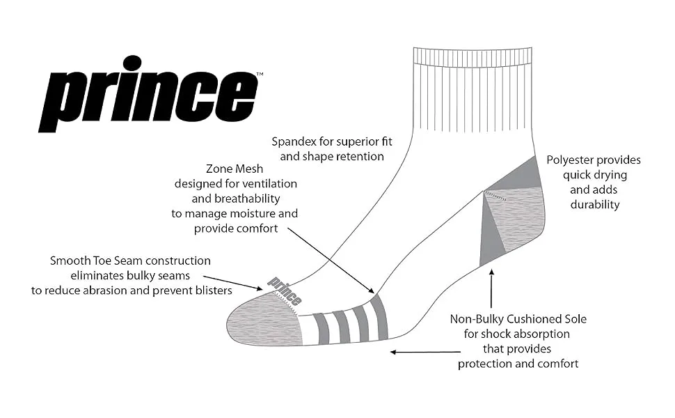 Prince Men's Extended Size Athletic Quarter Socks (6 Pair Pack) Black - Prince men