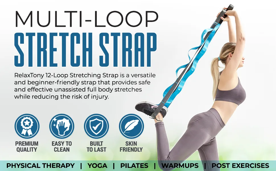 Relax Tony Yoga Stretching Strap | 12 Loops Non-Elastic Stretch Out Yoga Strap | Stretching Band for Physical Therapy, Home Workout Exercises, Pilates & Dance | Includes Carrying Bag & Workout Guide - multi loop stretch strap