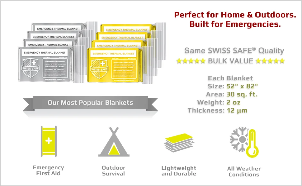 Swiss Safe Emergency Mylar Thermal Blankets, Designed for NASA, Outdoors, Survival, First Aid, Silver, 10 Pack 10pk - Bulk Blankets Perfect for outdoor survival, camping, hiking, and emergency first aid.
