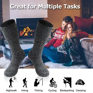 Three street Warm Slipper Socks, Unisex Winter Fur Lined Thick Insulated Heated Non Slip Socks 1 Pair Black Grey Large - non slip thermal socks
