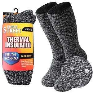 Three street Warm Slipper Socks, Unisex Winter Fur Lined Thick Insulated Heated Non Slip Socks 1 Pair Black Grey Large - winter thermal socks