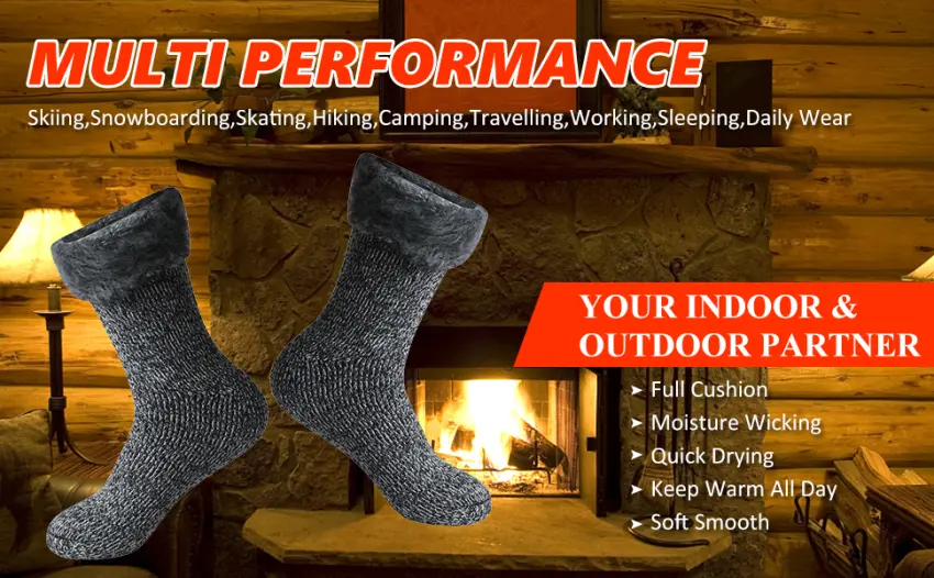 Three street Warm Slipper Socks, Unisex Winter Fur Lined Thick Insulated Heated Non Slip Socks 1 Pair Black Grey Large - winter thermal socks