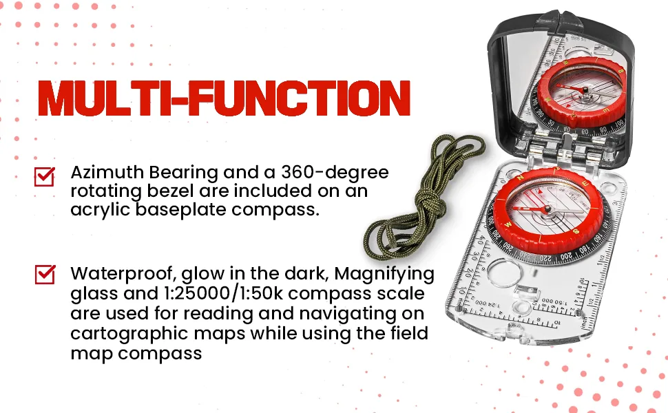 Sighting Compass Mirror Adjustable Declination - Boy Scout Compass Survival Camping | Base Plate Compass Kids Navigation | Orienteering Compass Hiking Map Read Military Compass Backpacking Clinometers Red - turn on sport
