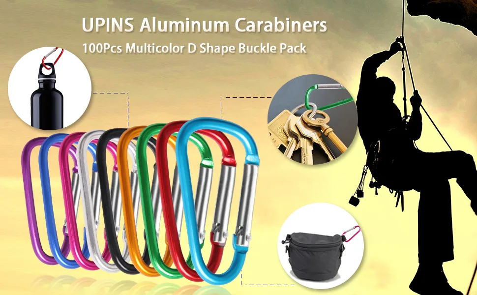 Carabiner Clips, Upins Aluminum Locking Spring Hook Keychain D Shape Heavy Duty Buckle Pack Carabiners Clip Lock Snap Hooks Backpack Clip 1.85" Multicolor-100Pack - Carabiner