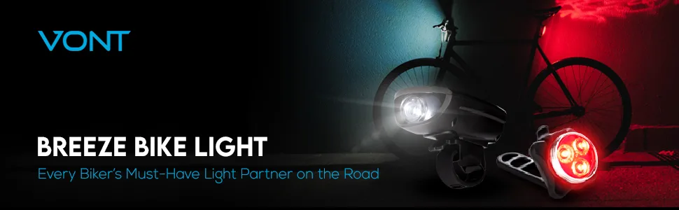 Vont Rechargeable Bike Light Set, Bicycle Light, Instant Install Without Tools, Fits All Bikes - 3 Modes, Bike Lights Front and Back Illumination - Waterproof, Lightweight, Durable - Breeze Bike Light