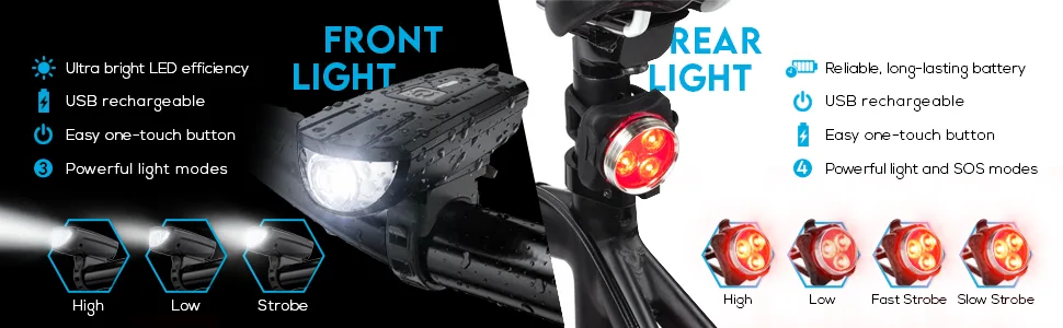 Vont Rechargeable Bike Light Set, Bicycle Light, Instant Install Without Tools, Fits All Bikes - 3 Modes, Bike Lights Front and Back Illumination - Waterproof, Lightweight, Durable - Breeze Bike Light