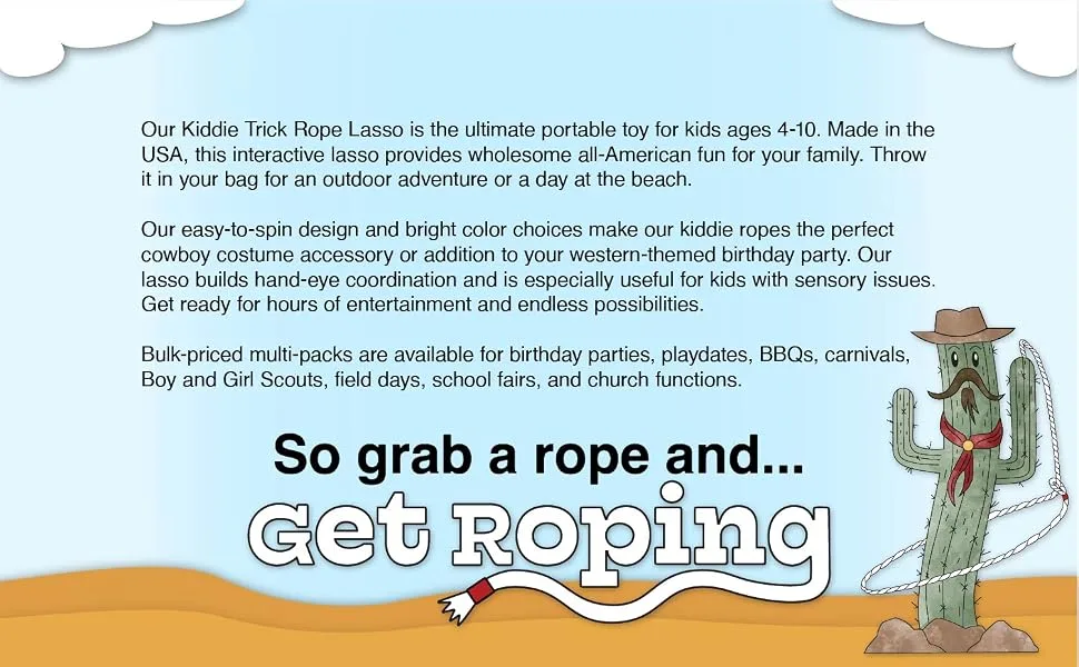 Western Stage Props Childrens Cowboy Kiddie Trick Rope Lasso Pre-Tied | Ages 4-10 | Green - text with slogan