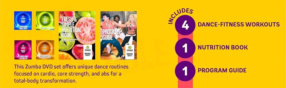 Zumba Incredible Results Weight-Loss Dance Workout DVDs and Guides Value Pack - A workout DVD, a guidebook, and an eating planner.