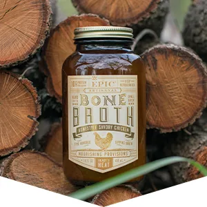 EPIC Tuscan Chicken Bone Broth, Keto Consumer Friendly, 14 fl. oz. 14 Ounce (Pack of 1) - EPIC chicken bone broth jar standing on chopped wood logs