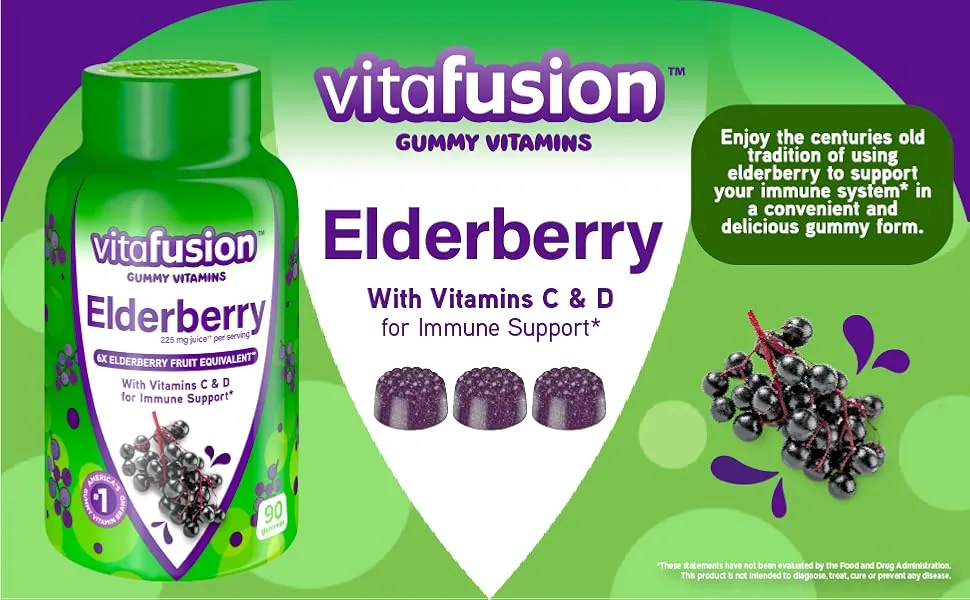 Vitafusion Elderberry Gummy Vitamins, 90ct Elderberry Gummy Vitamins, Chewables, 90 Count Adult - vitafusion gummy vitamins elderberry with vitamins c and d for immune support