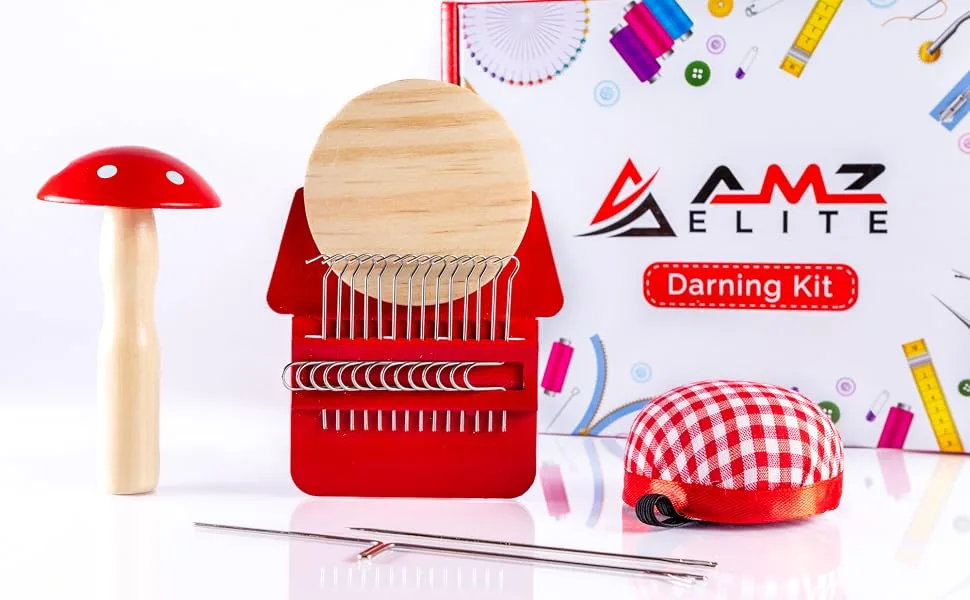 Wooden Darning Mini Loom Machine, Speedweve Sock Darning Thread Tool Kit, Darning Mushroom Egg for Mending, Complete Darning Kit with Instructions DYI by AMZ Elite - Mending Kit