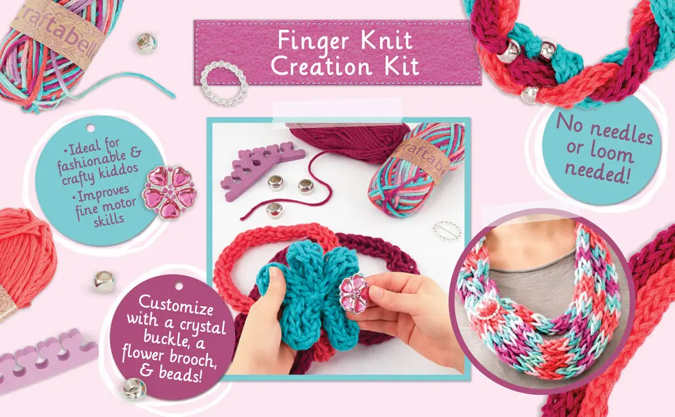 Craftabelle  Finger Knit Creation Kit  Beginner Knitting Kit  11pc Weaving Set with Yarn and Accessories  DIY Craft Kits for Kids Aged 8 Years + - product information 2