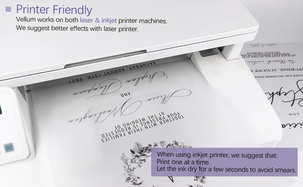 100 Sheets Translucent Vellum Paper, Dowsabel 68LBS 8.5 x 11 inches Printable Vellums for Card Overlays, Invitations Belly Bands, Envelope, Lantern,100 Sheets - Smooth surface vellum paper can be printed on both laser and inkjet printer machines