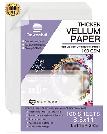 100 Sheets Translucent Vellum Paper, Dowsabel 68LBS 8.5 x 11 inches Printable Vellums for Card Overlays, Invitations Belly Bands, Envelope, Lantern,100 Sheets - vellum paper