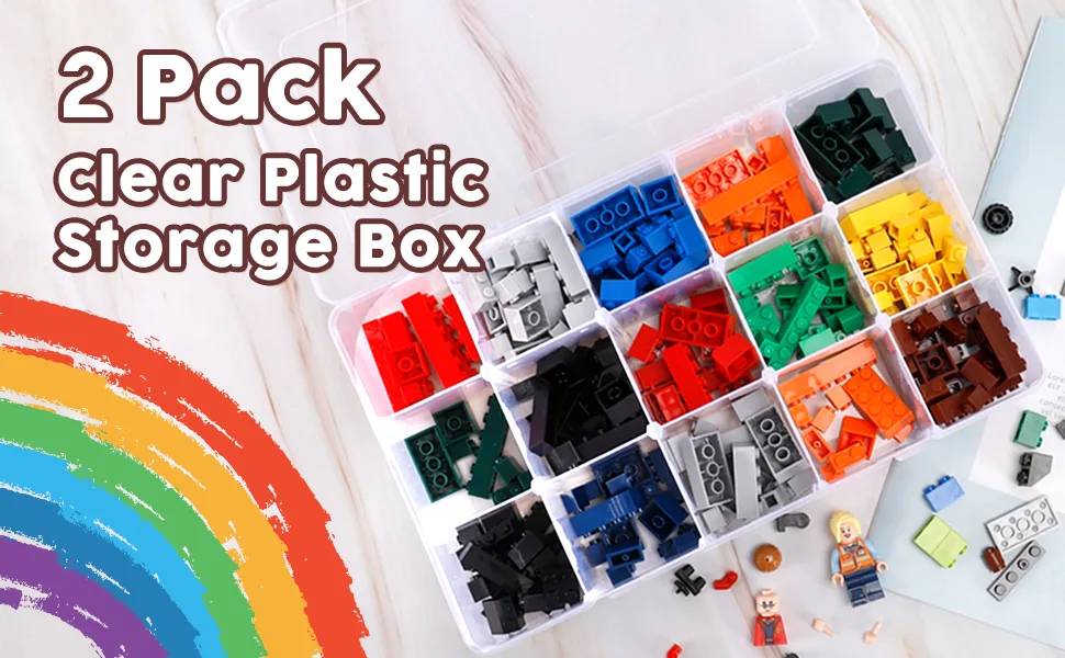 SGHUO 2 Pack 15 Girds Clear Plastic Organizer Box Storage for Washi Tape Tackle Box Jewelry Crafts Organizer, Container with Adjustable Dividers - SGHUO