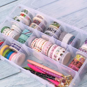 SGHUO 2 Pack 15 Girds Clear Plastic Organizer Box Storage for Washi Tape Tackle Box Jewelry Crafts Organizer, Container with Adjustable Dividers - SGHUO