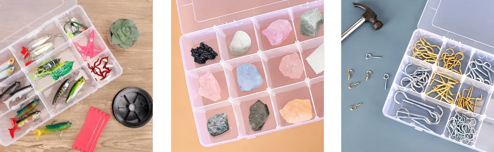 SGHUO 2 Pack 15 Girds Clear Plastic Organizer Box Storage for Washi Tape Tackle Box Jewelry Crafts Organizer, Container with Adjustable Dividers - SGHUO