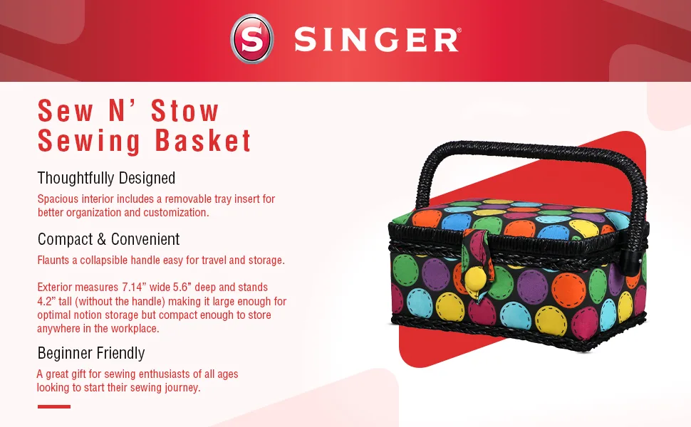 SINGER 07272 Polka Dot Small Sewing Basket with Sewing Kit Accessories 1-Pack - product information 1