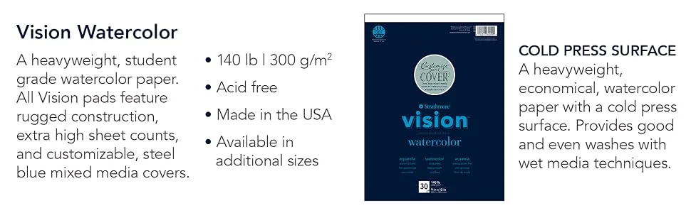 Strathmore Vision Cold Press Watercolor Pad 11"X15"-140lb, 30 Sheets -62640610 11x15 Watercolor - watercolor