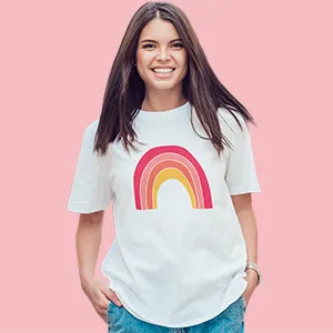 Sublimation Spray for Cotton and Cotton/Polyester Blends. Achieve Brighter and More Vibrant Colors. Easy to use-no Mixing required-200ml - model wearing white shirt with rainbow elly store logo