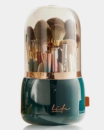 Lebenrich Makeup Brush Holder Organizer with Lid, Rotating Dustproof Make Up Brushes Container with Clear Acrylic Cover, Spinning Cosmetics Holders Storage Cup for Vanity Desktop Bathroom Countertop - green makeup brush holder
