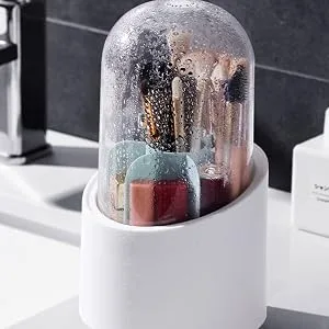 Lebenrich Makeup Brush Holder Organizer with Lid, Rotating Dustproof Make Up Brushes Container with Clear Acrylic Cover, Spinning Cosmetics Holders Storage Cup for Vanity Desktop Bathroom Countertop - makeup brush holder for bathroom countertop