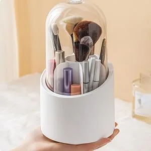 Lebenrich Makeup Brush Holder Organizer with Lid, Rotating Dustproof Make Up Brushes Container with Clear Acrylic Cover, Spinning Cosmetics Holders Storage Cup for Vanity Desktop Bathroom Countertop - makeup brush holder organizer with lid