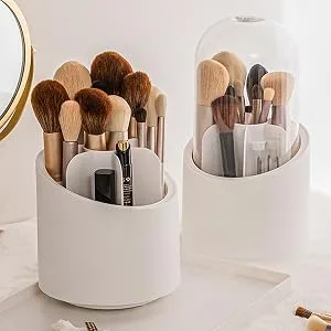 Lebenrich Makeup Brush Holder Organizer with Lid, Rotating Dustproof Make Up Brushes Container with Clear Acrylic Cover, Spinning Cosmetics Holders Storage Cup for Vanity Desktop Bathroom Countertop - makeup brush organizer for vanity desktop