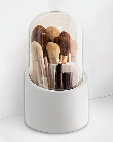 Lebenrich Makeup Brush Holder Organizer with Lid, Rotating Dustproof Make Up Brushes Container with Clear Acrylic Cover, Spinning Cosmetics Holders Storage Cup for Vanity Desktop Bathroom Countertop - rotating spinning makeup brush holder organizer with lid cover