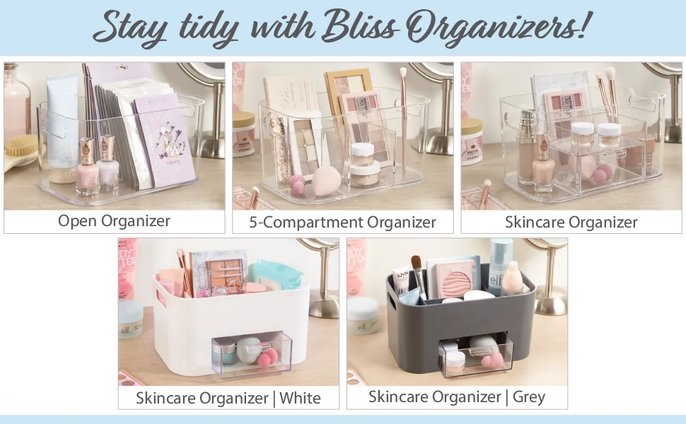 STORi Bliss 5-Compartment Plastic Cosmetic Organizer | Clear | Rectangular Divided Makeup Bin & Vanity Storage Caddy with Pass-Through Handles | Round Corner Design | Made in USA 5-Compartment Clear - Bliss Organizers Main