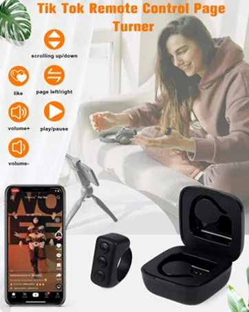 TikTok Remote Control Kindle App Page Turner, Bluetooth Camera Video Recording Remote, TIK Tok Scrolling Ring for iPhone, iPad, iOS, Android - Black - TikTok Remote Ring