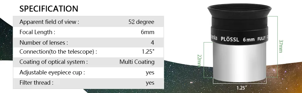 Astromania 1.25" 6mm Plossl Telescope Eyepiece - 4-Element Plossl Design - Threaded for Standard 1.25inch Astronomy Filters - product information 17
