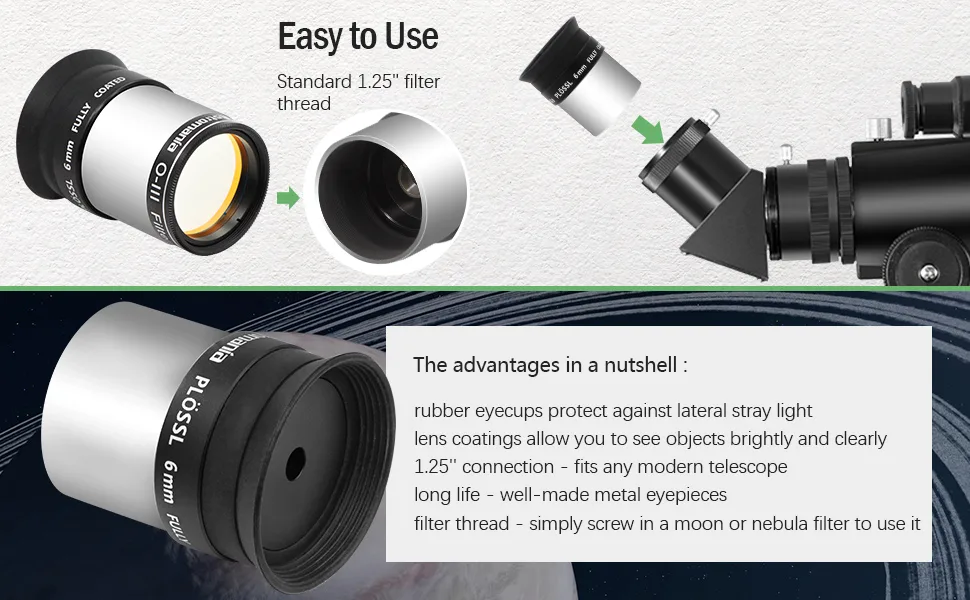 Astromania 1.25" 6mm Plossl Telescope Eyepiece - 4-Element Plossl Design - Threaded for Standard 1.25inch Astronomy Filters - product information 23