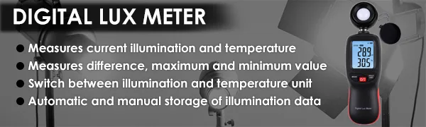 Digital Light Meter Illuminance Meter with Data Record, Backlight Lux Temperature Meter 0200,000 Measurement Range Lux/FC Unit MAX/MIN/Hold Function - Illuminometer Luminometer Photometer Luxmeter Light Lux Meter Illuminance Light Meter