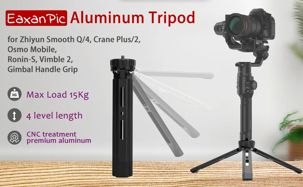 EaxanPic Aluminum Mini Tripod,Desktop Tabletop Stand Tripod for Zhiyun Smooth Q/4, Crane Plus/2, Osmo Mobile, Ronin-S, Vimble 2,Gimbal Handle Grip Stabilizer Tripod Height adjustable version - banner
