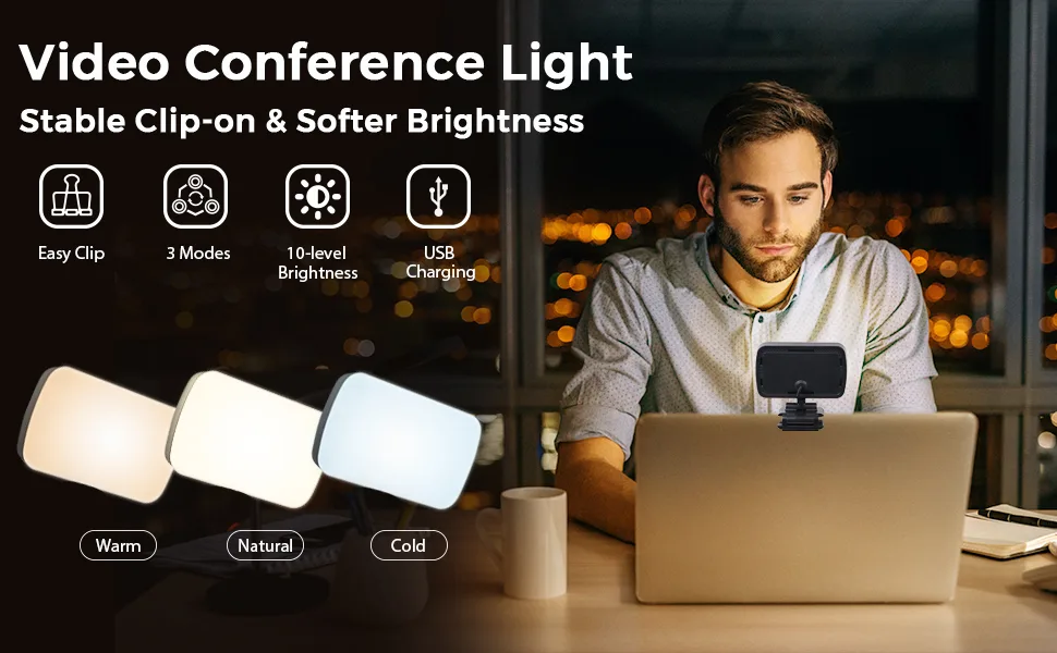 Video Conference Lighting, Webcam Lighting for Remote Working, Zoom Lighting for Laptop/Computer, Zoom Calls, Live Streaming, Self Broadcasting, Video Light for Zoom Meeting with Sturdy Clip - product information 1