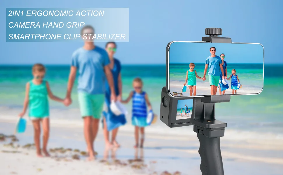 2in1 Ergonomic Portable Action Camera+Smartphone SYN Hand Grip Stabilizer Combo Mount Video Vlogging Rig Holder Kit for GoPro iPhone Interview Travel YouTube Tiktok Streaming-Mic+Light Adapter Vlogging stablizer - vlog