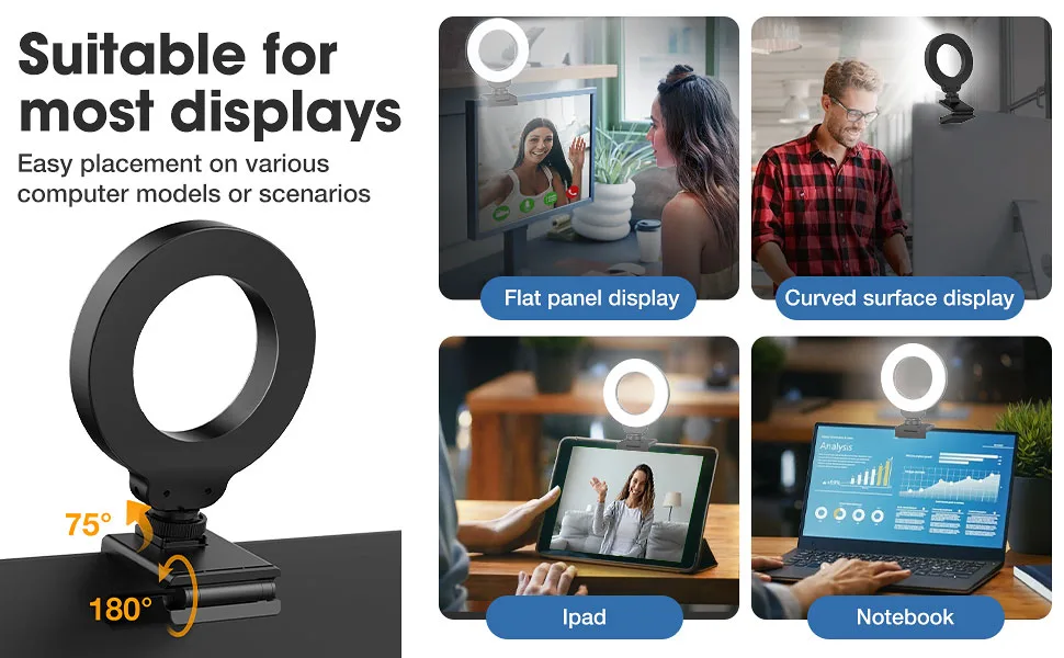 FDKOBE Webcam Lighting,Ring Light for Laptop/Computer,Zoom Call Lighting,4''Small Video Conference Lighting with Webcam Style Mount and Tripod,3 Light Modes&10 Brightness Levels,Selfie 3000k - Light