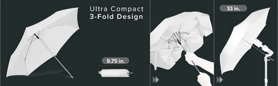 Julius Studio 33" 3-Fold Ultra Compact Professional Photography Photo Video Studio Lighting Flash Translucent White Soft Umbrella for Photo Portrait Studio Shooting Daylight, JSAG669 - tri fold