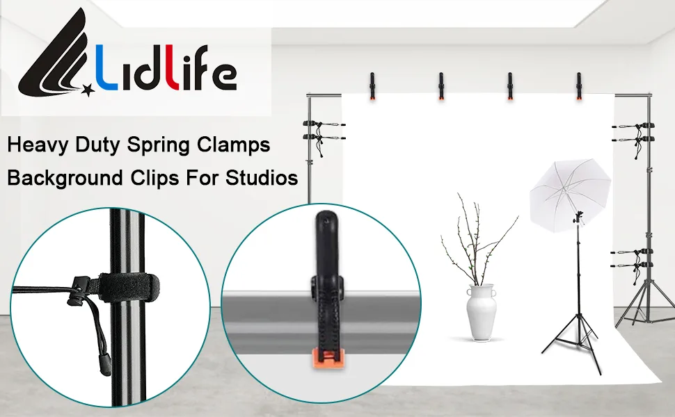 Lidlife 16 Clips Include 8 Heavy Duty Spring Clips, 8 Backdrop Background Clip Holders, Adjustable Elastic Nylon Photo Clips, for Photography and Video Studio Shooting - Heavy Duty Spring Clamps Background Clips For Studios