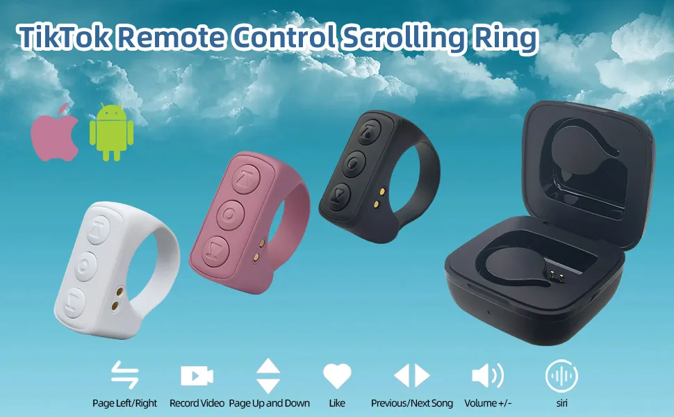 TIKTok Remote Control Kindle APP Page Turner for Phone Camera, Bluetooth Button Clicker TIK Tok Scrolling Ring Rechargeable Camera Remote Compatible with iPhone/iPad/Android/Smartphones/Tablets White - product information 1